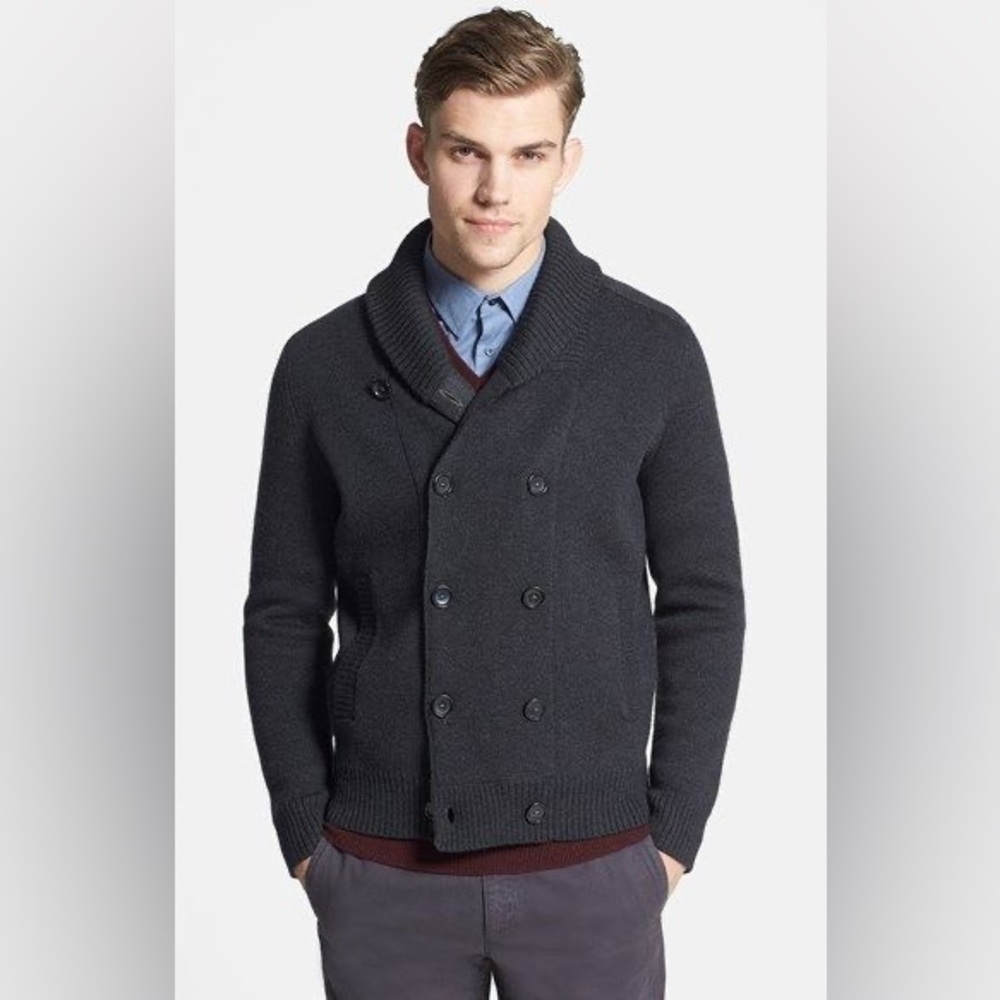 ✨🩶 Vince Men Double-Breasted Shawl Collar 100% Wool Cardigan Dark Gray Sz L